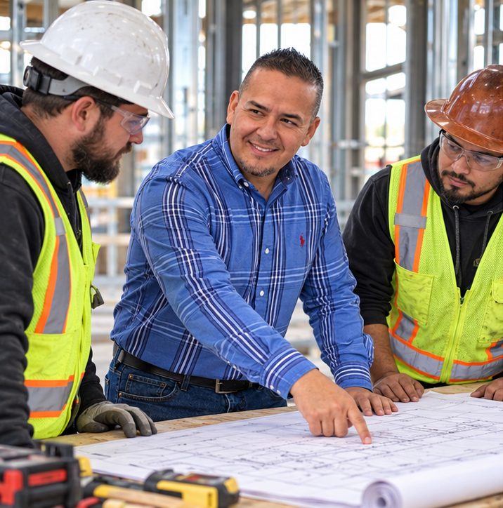 Ruben Macias reviewing plans with electricians