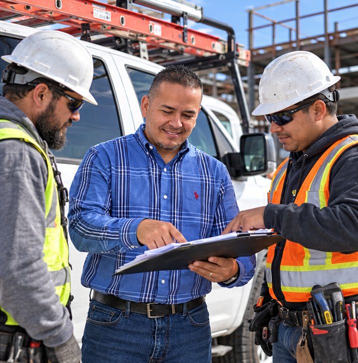 Ruben Macias going over paperwork with his crew